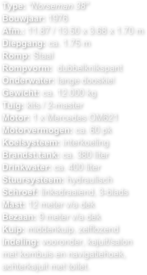 Type: “Norseman 38”
Bouwjaar: 1976
Afm.: 11.87 / 13.50 x 3.68 x 1.70 m 
Diepgang: ca. 1.75 mRomp: StaalRompvorm:  dubbelknikspant 
Onderwater: lange dooskiel
Gewicht: ca. 12.000 kg
Tuig: kits / 2-masterMotor: 1 x Mercedes OM621
Motorvermogen: ca. 60 pk
Koelsysteem: interkoeling
Brandst.tank: ca. 380 literDrinkwater: ca. 400 literStuursysteem: hydraulischSchroef: linksdraaiend, 3-blads
Mast: 12 meter v/a dek
Bezaan: 9 meter v/a dekKuip: middenkuip, zelflozend
Indeling: vooronder, kajuit/salon met kombuis en navigatiehoek, achterkajuit met toilet.

